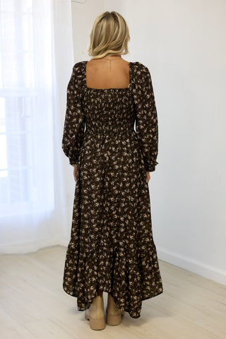 Romantic Evening Smocked Maxi Dress in Sepia