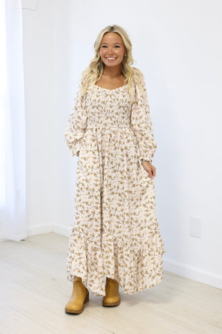 Romantic Evening Smocked Maxi Dress in Cream