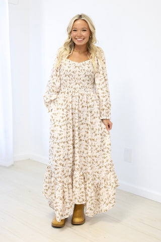 Romantic Evening Smocked Maxi Dress in Cream