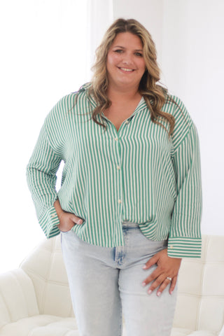 The Kathryn Button Up Striped Top in Green