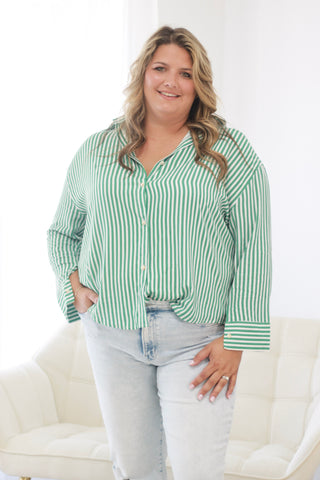 The Kathryn Button Up Striped Top in Green