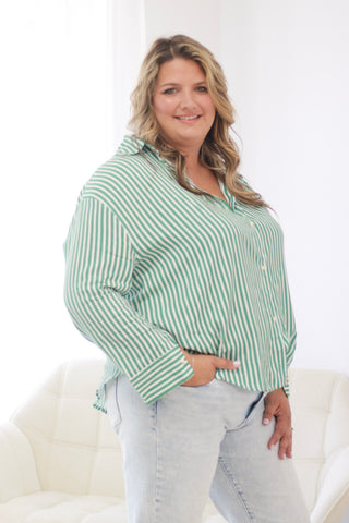The Kathryn Button Up Striped Top in Green