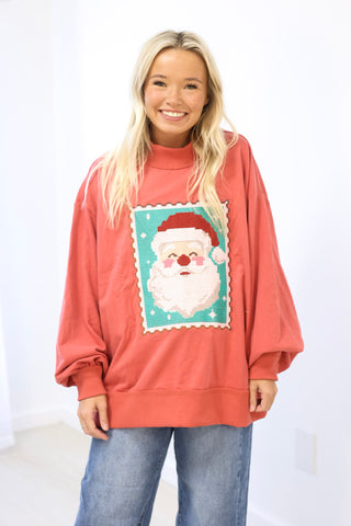 Postage Stamp Santa Pullover in Vintage Red