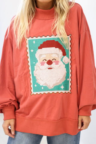 Postage Stamp Santa Pullover in Vintage Red