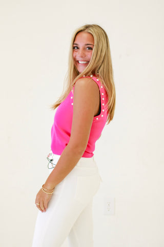 Cute Pearl Detail Sleeveless Top in Fuchsia