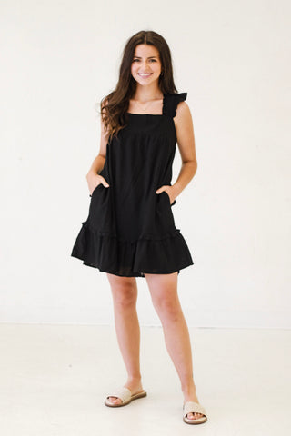 Flowy and Free Ruffled Linen Dress in Black