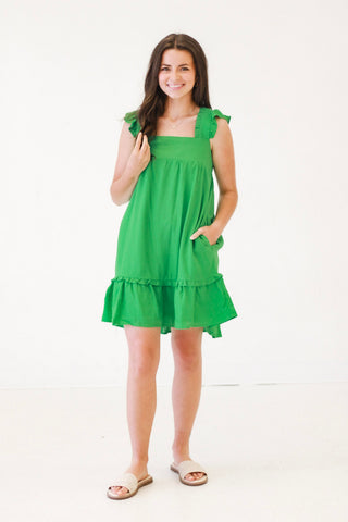 Flowy and Free Ruffled Linen Dress in Kelly Green
