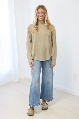 Travel With Me Washed Knit Top in Olive/Brown