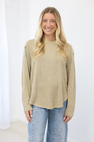 Travel With Me Washed Knit Top in Olive/Brown