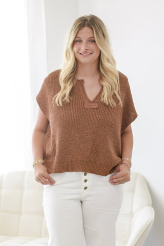 Sunlit Stroll Split-Neck Top in Deep Camel