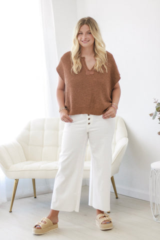Sunlit Stroll Split-Neck Top in Deep Camel