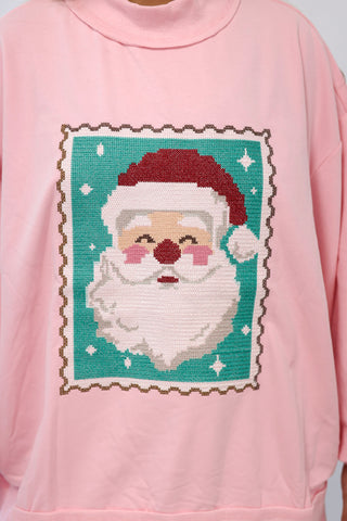 Postage Stamp Santa Pullover in Pink