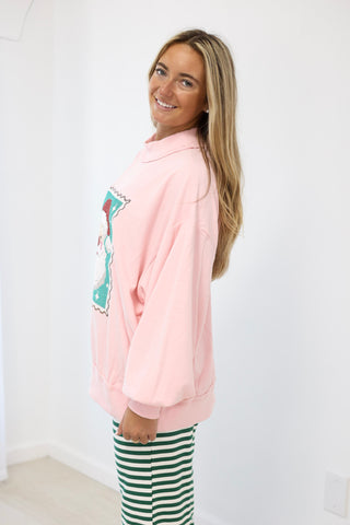 Postage Stamp Santa Pullover in Pink