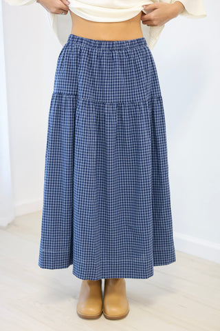 Blue For You Gingham Tiered Maxi Skirt