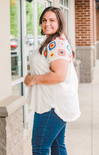 Summer Shores Crochet Sleeve Top in Oatmeal