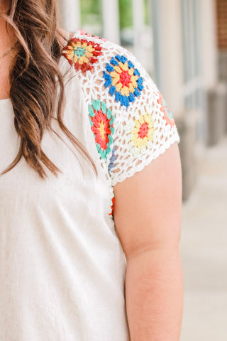 Summer Shores Crochet Sleeve Top in Oatmeal