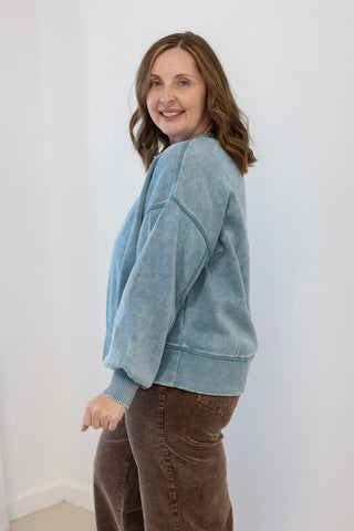 Fall Fest Fleece Pullover in Dusty Blue