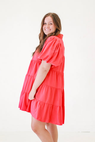 Puff Sleeve Perfection Solid Button Up Tiered Dress in Red