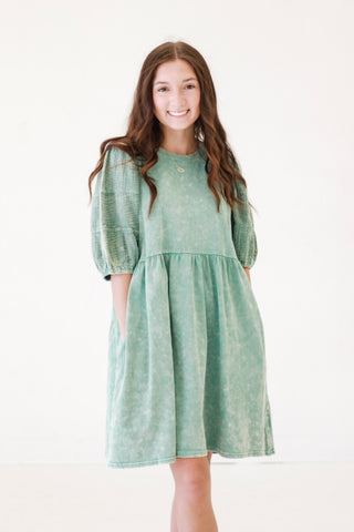 Casual Days Washed Babydoll Dress in Sage