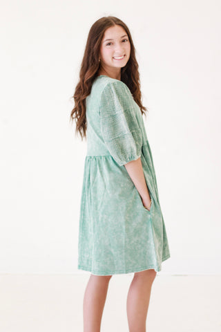 Casual Days Washed Babydoll Dress in Sage
