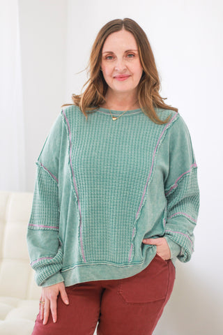 Picked For You Waffle Knit Pullover in Faded Teal