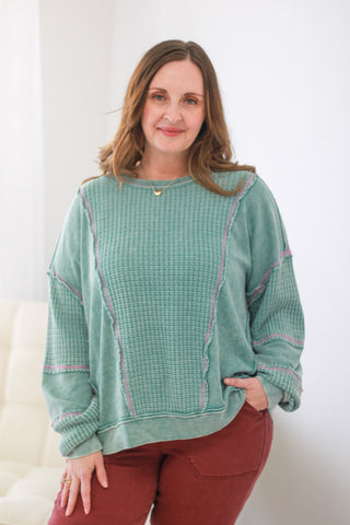 Picked For You Waffle Knit Pullover in Faded Teal