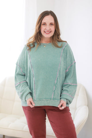 Picked For You Waffle Knit Pullover in Faded Teal