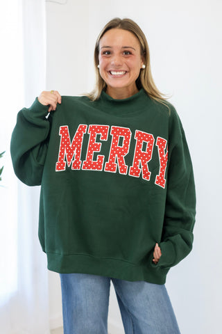 Merry Embroidered Mock Neck Sweatshirt in Hunter Green