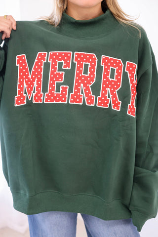 Merry Embroidered Mock Neck Sweatshirt in Hunter Green