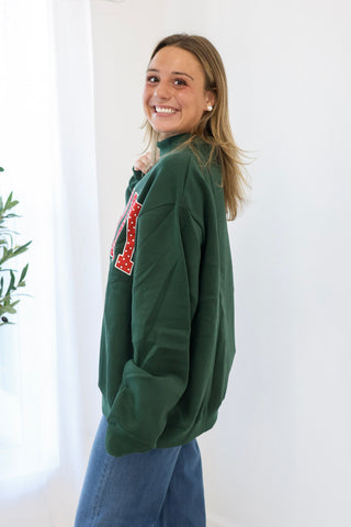 Merry Embroidered Mock Neck Sweatshirt in Hunter Green