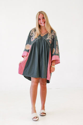 Golden Hour Babydoll Dress in Teal Rose