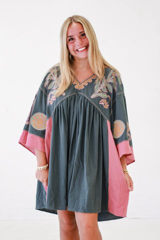 Golden Hour Babydoll Dress in Teal Rose