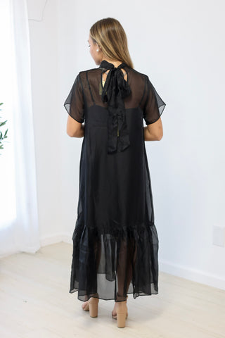 Evening Glow Sheer Mock Neck Midi Dress in Black