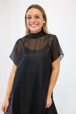 Evening Glow Sheer Mock Neck Midi Dress in Black