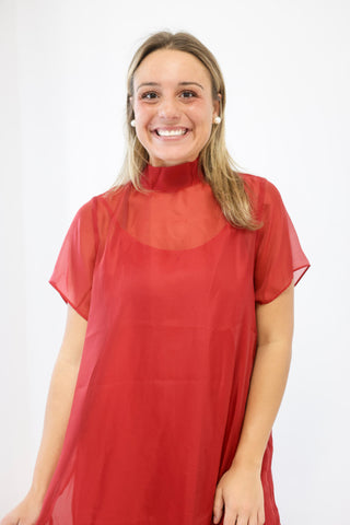 Evening Glow Sheer Mock Neck Midi Dress in Burgundy