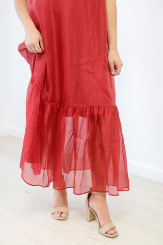 Evening Glow Sheer Mock Neck Midi Dress in Burgundy