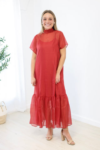 Evening Glow Sheer Mock Neck Midi Dress in Burgundy