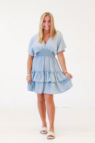 Shake It in Chambray Ruffle Tiered Dress