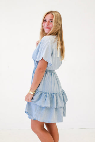 Shake It in Chambray Ruffle Tiered Dress