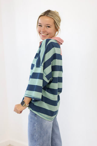 Cozy Days Striped Quarter Zip in Sage/Teal