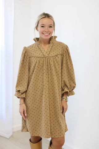 Sweet Detail Corduroy Dot Ruffle Dress in Taupe