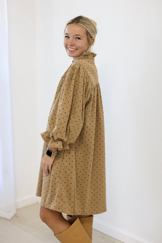 Sweet Detail Corduroy Dot Ruffle Dress in Taupe
