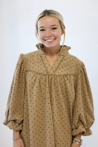 Sweet Detail Corduroy Dot Ruffle Dress in Taupe