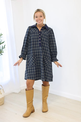 Plaid Perfection Ruffle Sleeve Dress in Navy