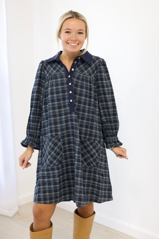 Plaid Perfection Ruffle Sleeve Dress in Navy