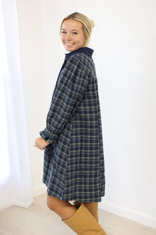 Plaid Perfection Ruffle Sleeve Dress in Navy