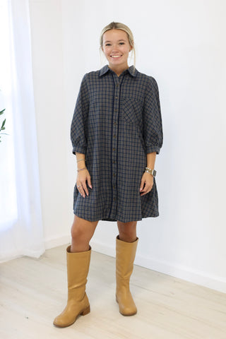 Checked In Tiered Button Down Dress in Navy