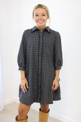 Checked In Tiered Button Down Dress in Navy