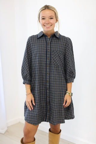 Checked In Tiered Button Down Dress in Navy