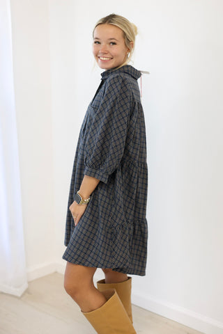 Checked In Tiered Button Down Dress in Navy